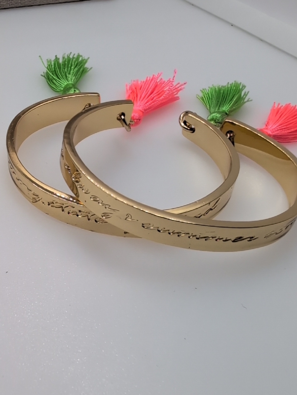 Lilly Pulitzer Gold Script Cuff Bracelet set with Neon Pink & Green Tassels